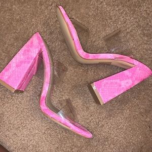 Transparent pink snakeskin block heel